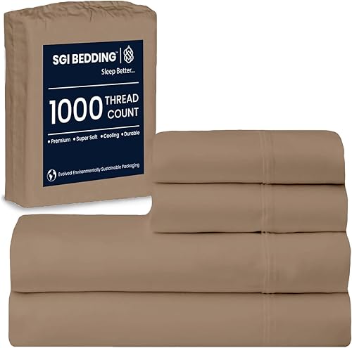 SGI Sábanas de cama 100% algodón egipcio de 1000 hilos, lujosas, suaves para calidad hotelera premium, juego de sábanas de 4 piezas, 1 sábana
