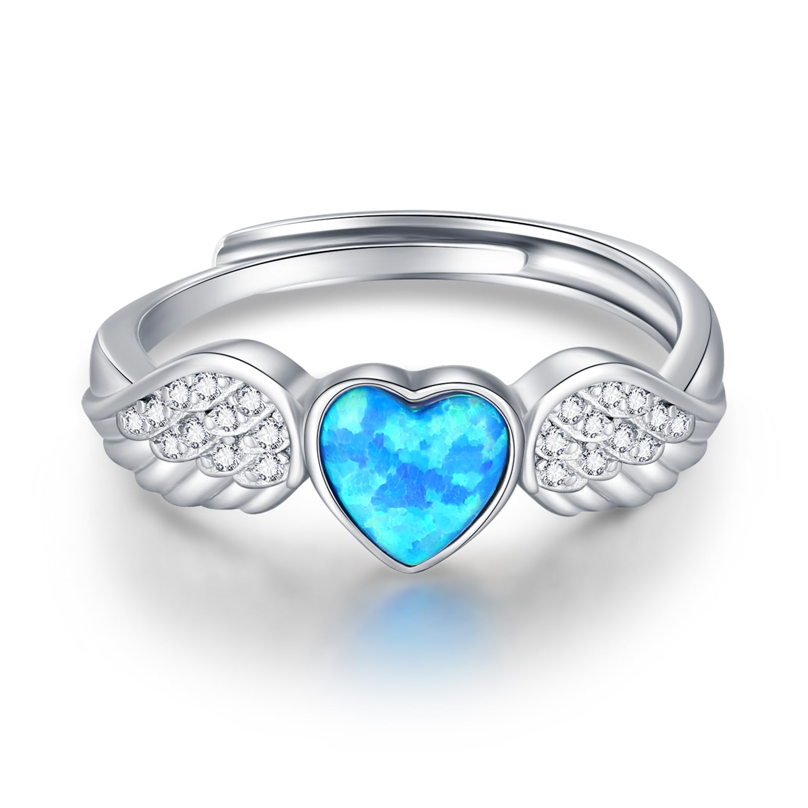 CHENGHONGBlue Opal Ring for Women 925 Sterling Silver Adjustble Angel Wing Ring Opal Jewellery for Women Angel Wing Gifts for Girls…
