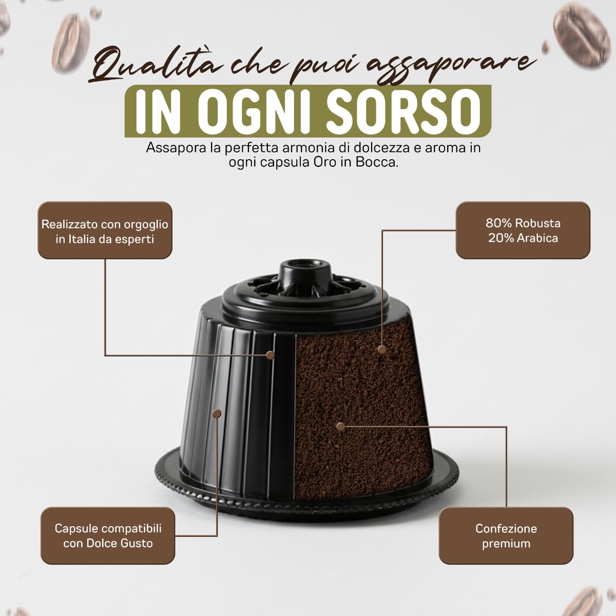 Oro in Bocca 300 Capsule di Caffè Compatibili con Nescafé Dolce Gusto, Miscela Oro Espresso Misto Arabica, Gusto Intenso e Cremoso, Corpo Pieno, Tostatura Italiana, Made in Italy (300, Oro)