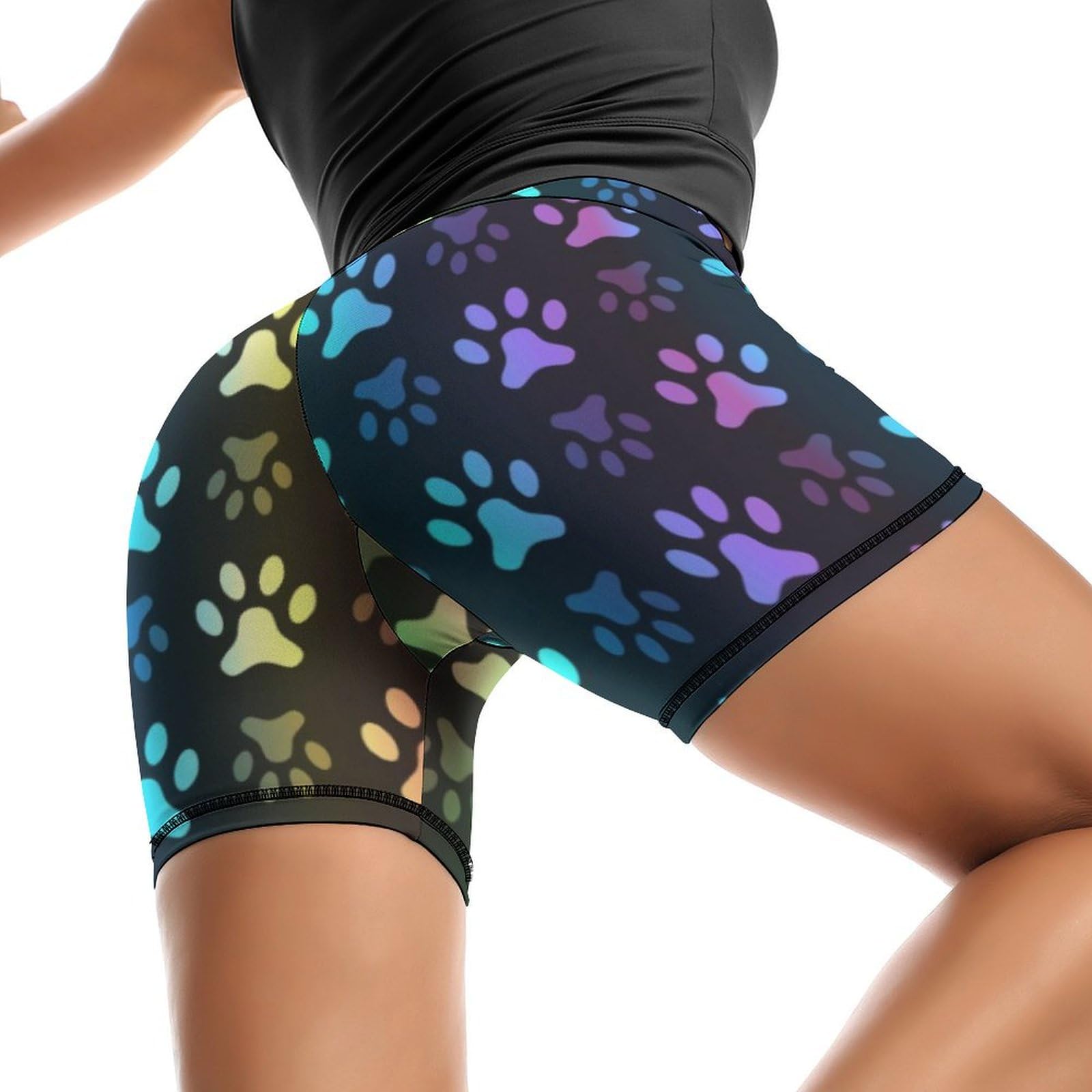 Rainbow Paw Footprint Animal Pattern High Waist Yoga Shorts for Women Athletic Shorts Leggings Running Pants