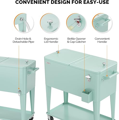 Vista 89 de VINGLI Baúl de hielo rodante de 80 cuartos de galón, carrito portátil para fiestas en el patio, bar, con estante, piscina de bebidas con abridor