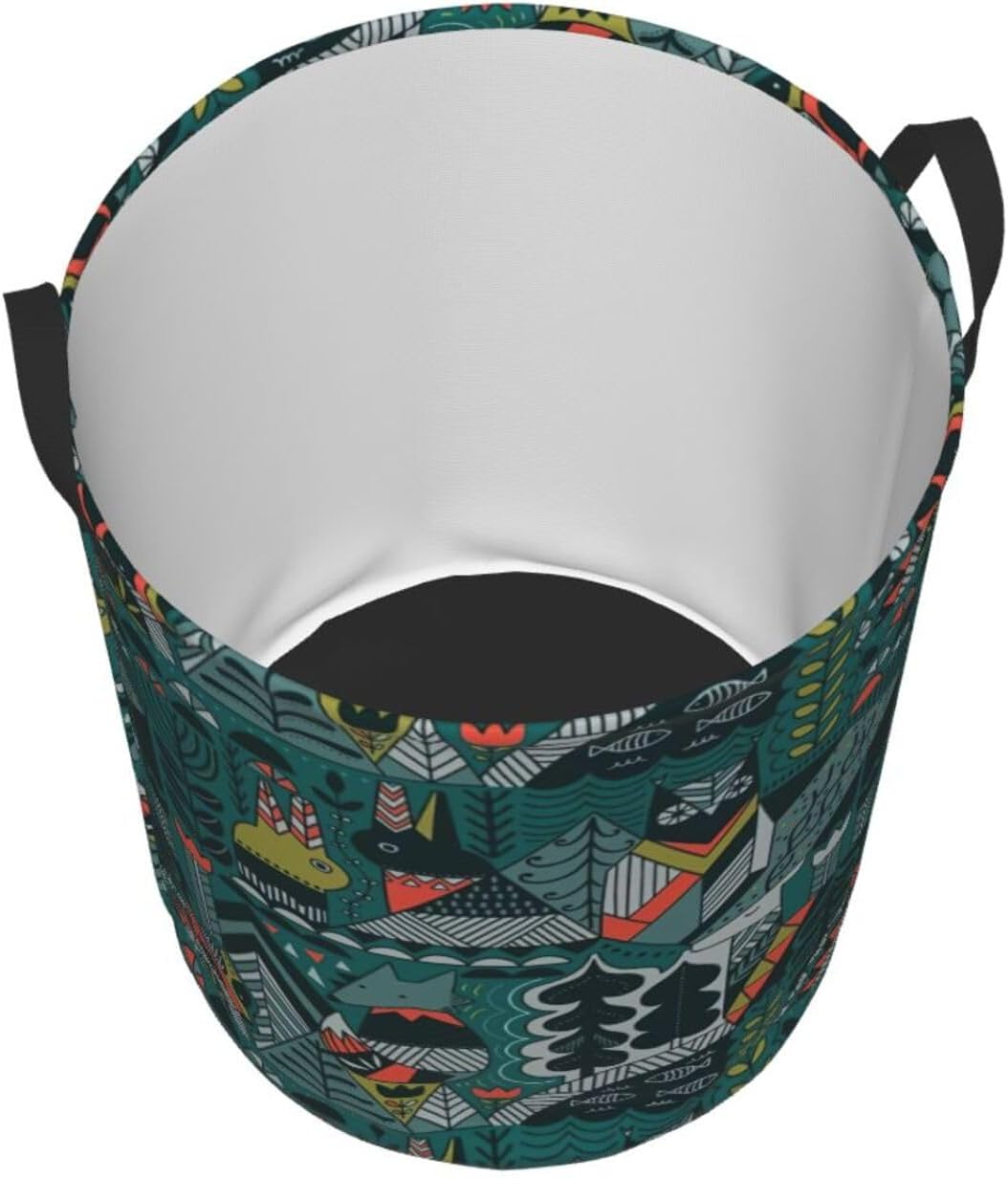 Green Animals Print Circular Protable Storage Bin,Basket For Laundry Hamper With Handles Bedroom Clothes