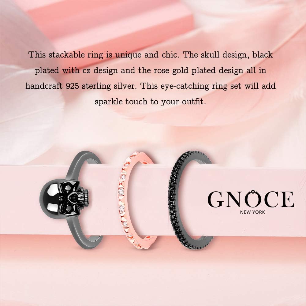 GNOCE Bicolor Stackable Skull Ring for Women, S925 Sterling Silver Stackable Wedding Bands Rings for Women, Women's Eternity Rings for Her wife, Size 5-10