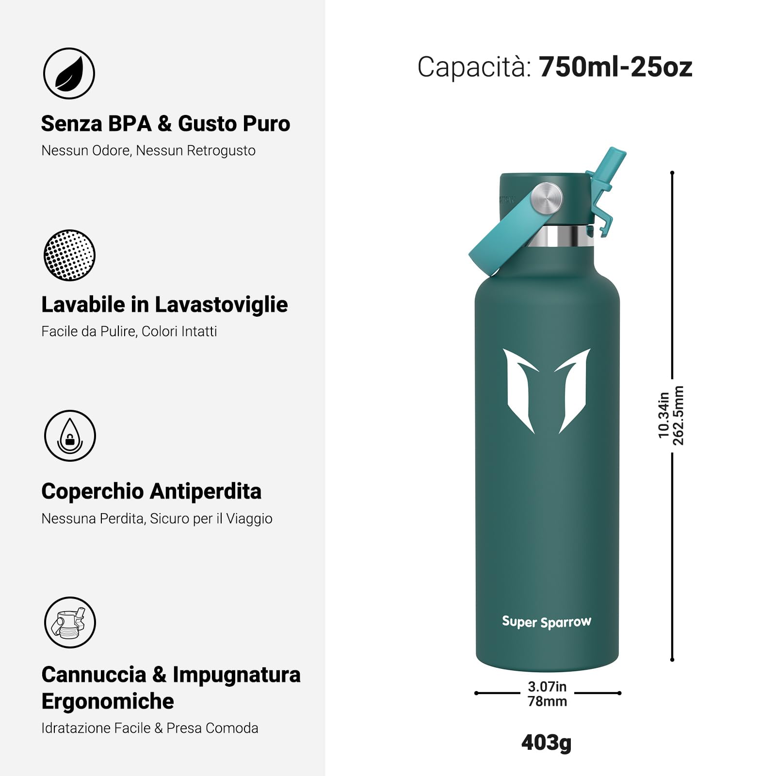 Super Sparrow Borraccia Termica, Acciaio Inox Bottiglia Termica - 350ml, 500ml, 750ml, 1L, 1.2L - Senza BPA Borracce, Borraccia Bambini per Scuola, Sport, Campeggio, Yoga, Palestra, Ciclismo