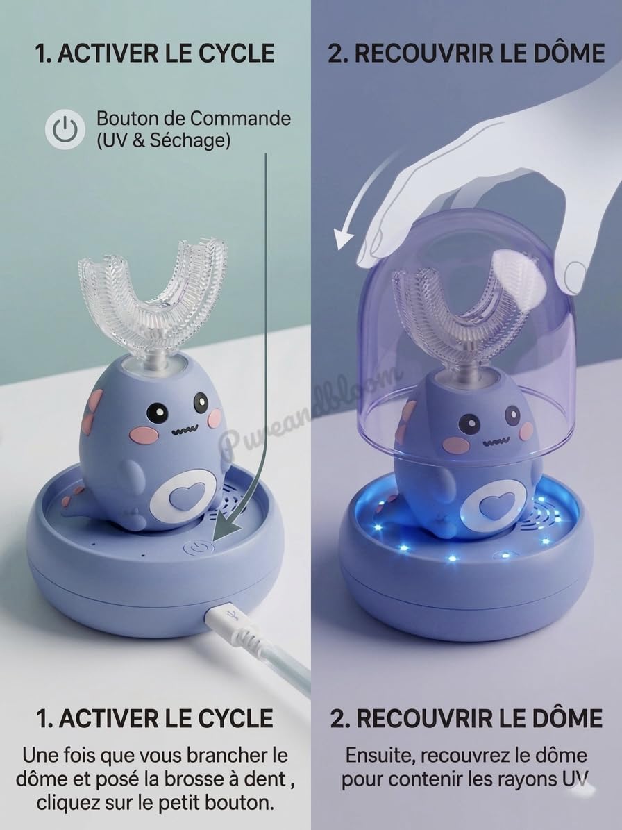 Kit spazzolino elettrico per bambini a U – Include: calendario di motivazione e tampone – tecnologia sonica e sterilizzazione UV – silicone morbido 3 – 10 anni blu