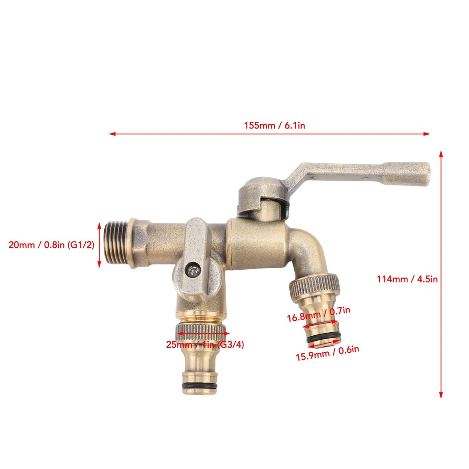 Rubinetto per Acqua Esterno, Controllo Indipendente efficiente, 1 Uscita su 2, valvole a Sfera in Ottone multifunzionali, Rubinetto per Balcone di casa