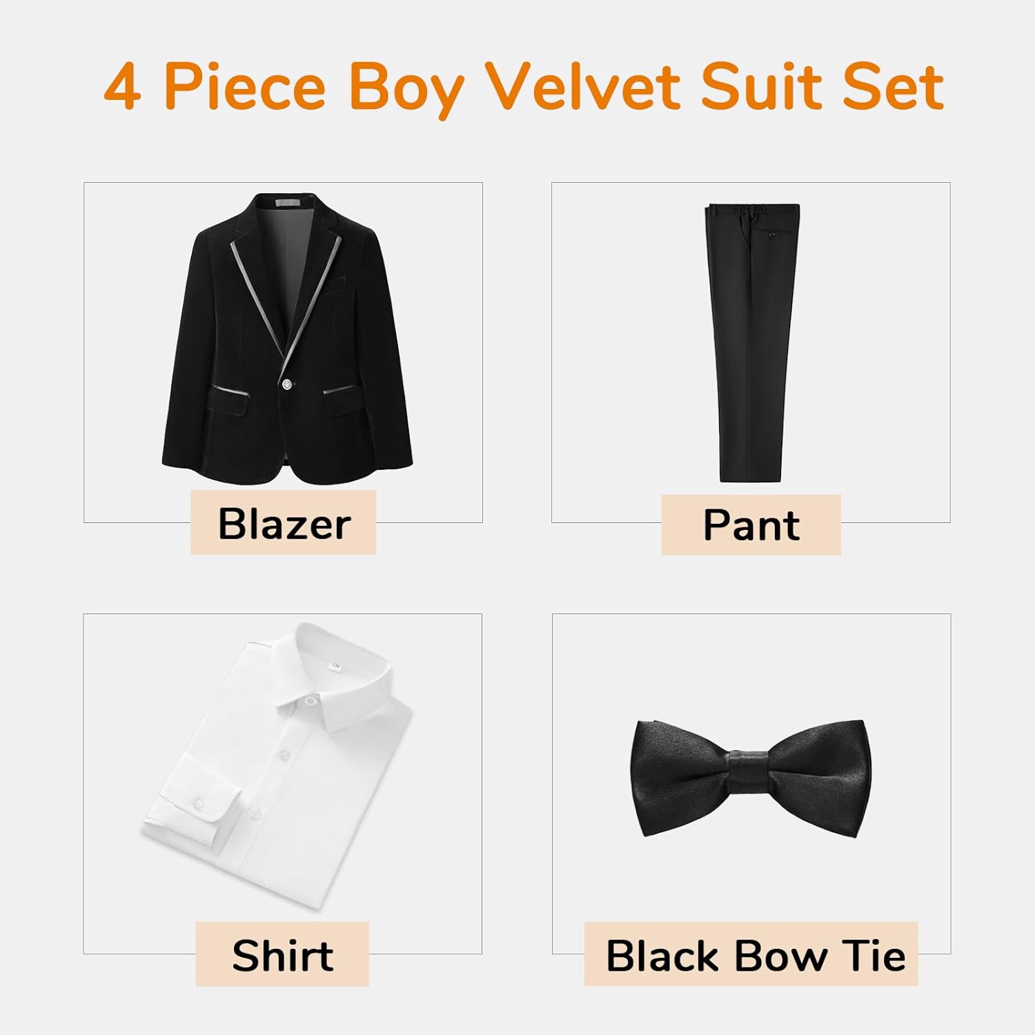 Boys Velvet Suit 4-Piece Formal Tuxedo Outfit with Bow Tie for Wedding Birthday Prom Ring Bearer Kids Dress Clothes - Image 3