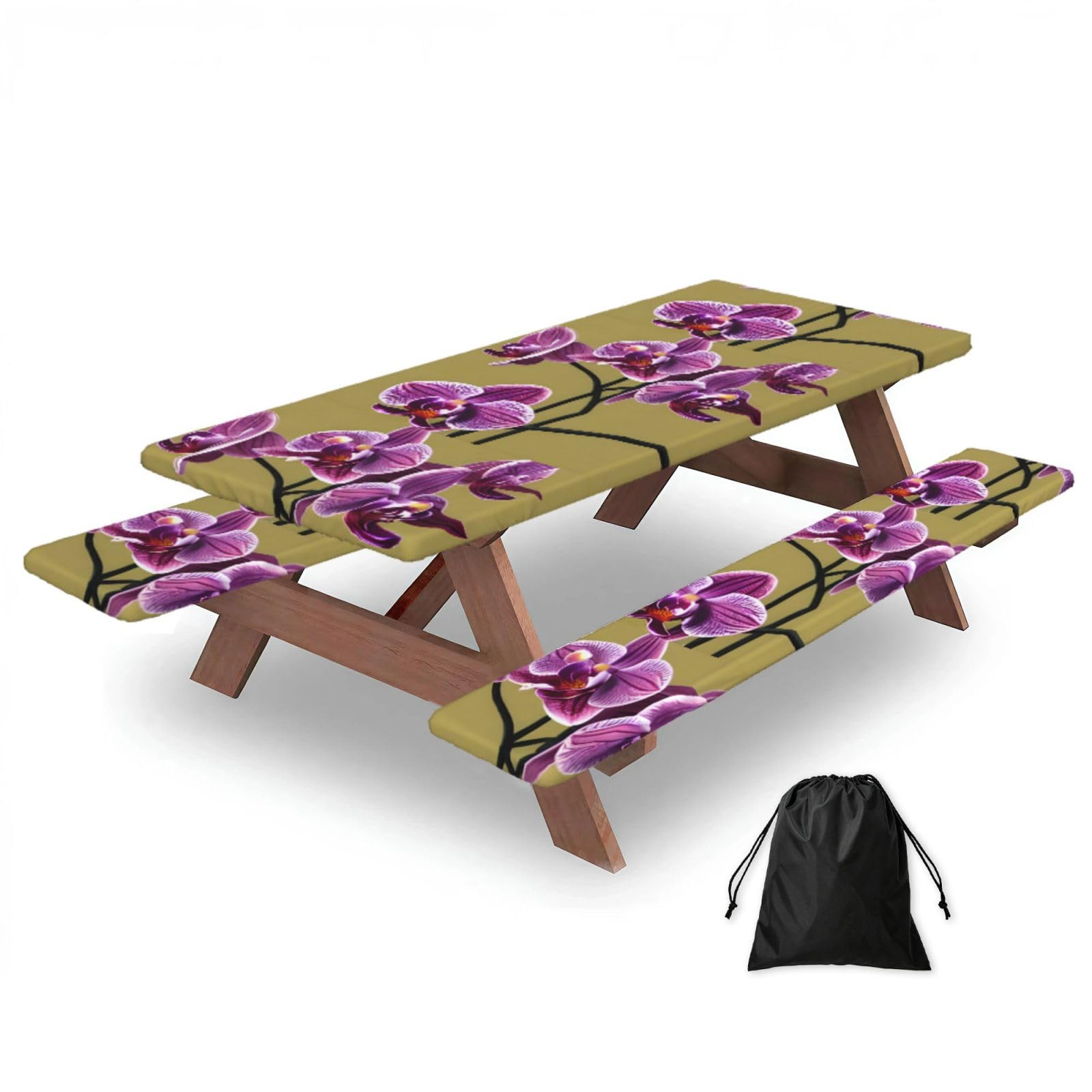 Erwqavc Black Beautiful Orchids Print Picnic Table Cover & Bench Covers 3-Pack Set, Elastic Tablecloths For 6 Ft Rectangle Tables