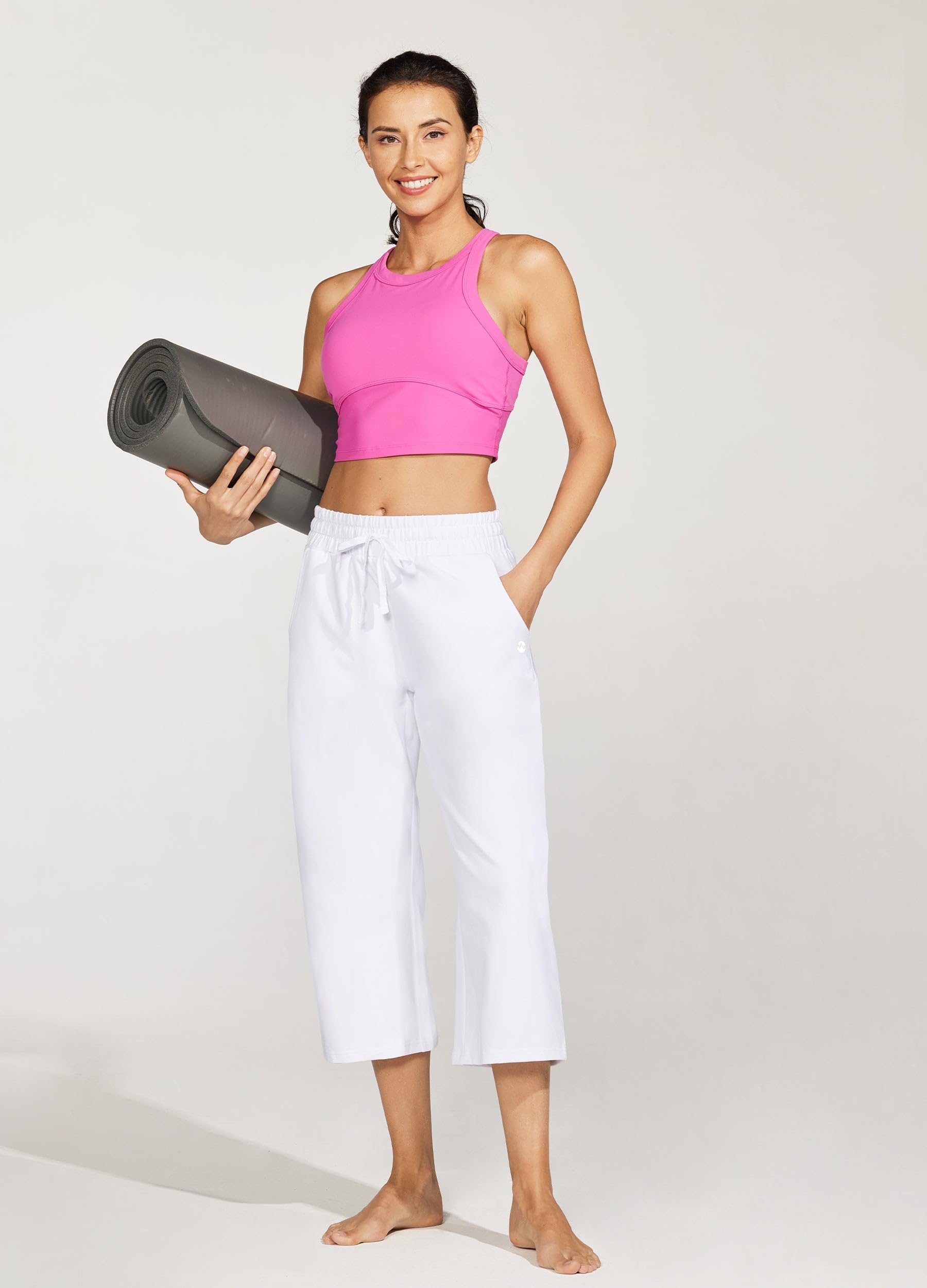 Willit Pantalones Capri de algodón para Mujer, Pantalones Capri Casuales de Pierna Ancha con Bolsillos, 20 Pulgadas, Blanco, Large