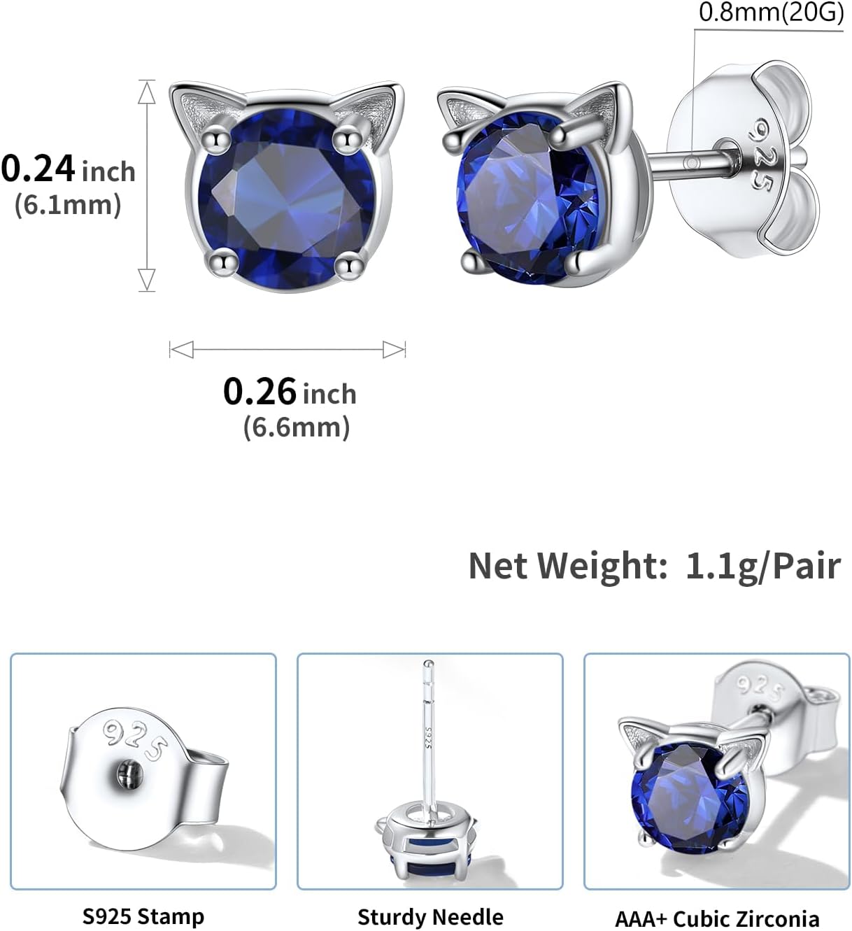 U7 Cat Stud Earrings Silver/Black/Silver/Gold Color,Birthstone Kitten Earrings, BarFaux Pearl Earrings Set, Women Teen Girls Gift - Image 4