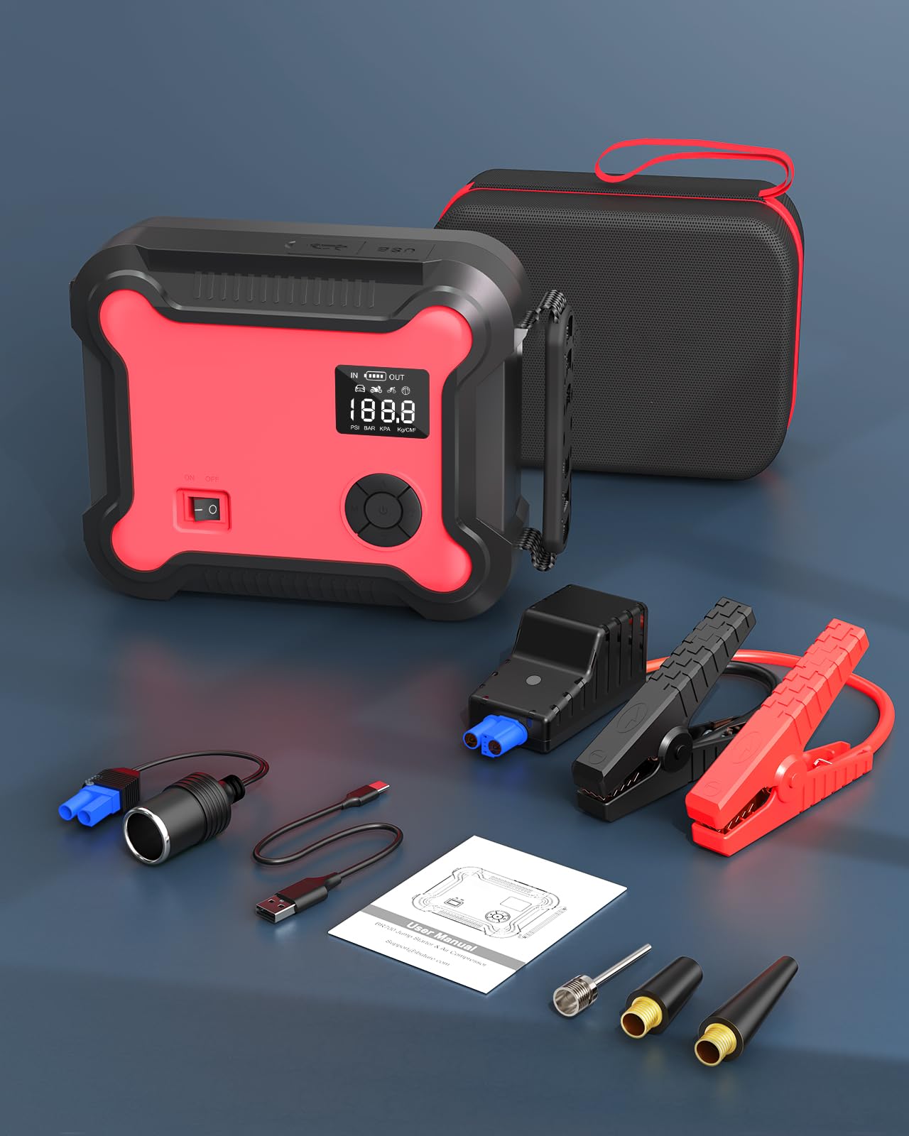 Buture Pro Booster Batería y Compresor de Aire Portátil 2500A, 23800mAh Arrancador de Coche (Todo Gas o 8,0 L Diesel), Inflador Eléctrico 150 PSI, 120 W Salidas DC y Luz de Emergencia