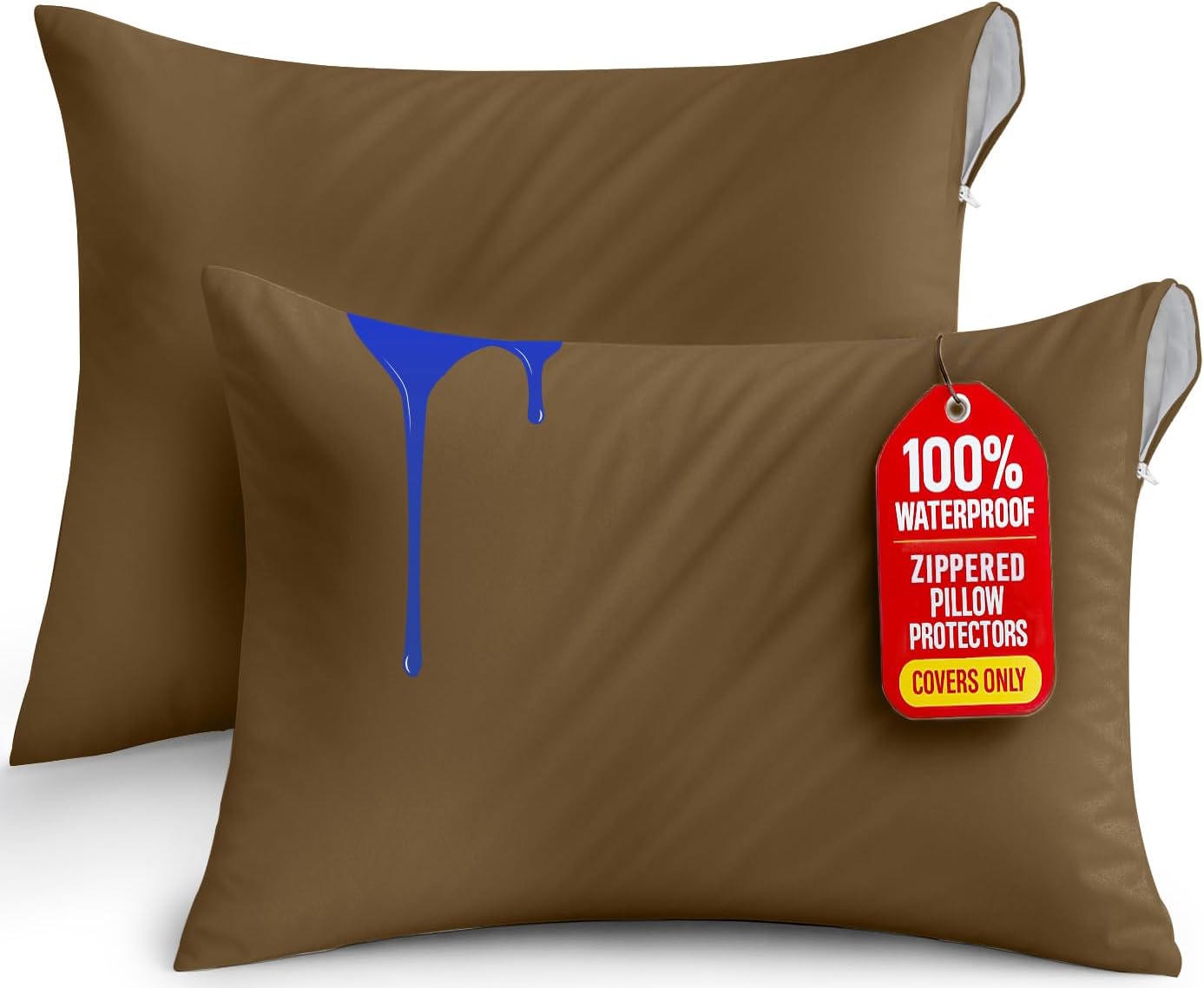 Utopia Bedding Premium 100% Waterproof Pillow Protectors with Zipper Standard Size (Set of 2), Bed Bug and Dust Mite Proof Zippered Pillow Covers, Pillow Encasement Cases, Mocha