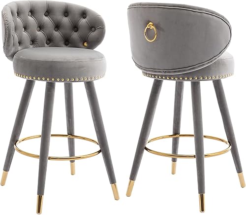 GNIXUU Juego de 2 taburetes de bar de terciopelo, taburetes giratorios de 360 grados con respaldo, modernos taburetes de bar tapizados con altura de