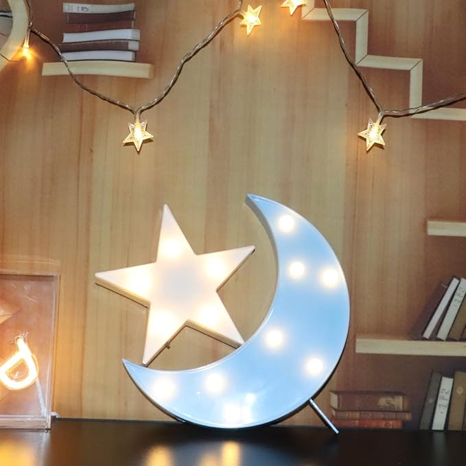 QiaoFei QiaoFei Decorative Moon-Star Night Light,Cute LED Nursery Night Lamp Gift-Marquee Moon-Star Sign for Birthday Party,Baby Shower,Kids Room, Living Room Decor(Blue) photo 3