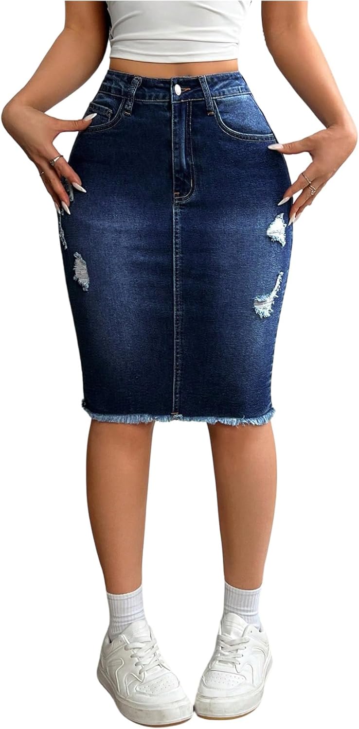 WDIRARA Women's Denim Pencil Skirt High Waisted Ripped Raw Hem Knee Length Stretch Bodycon Skirt