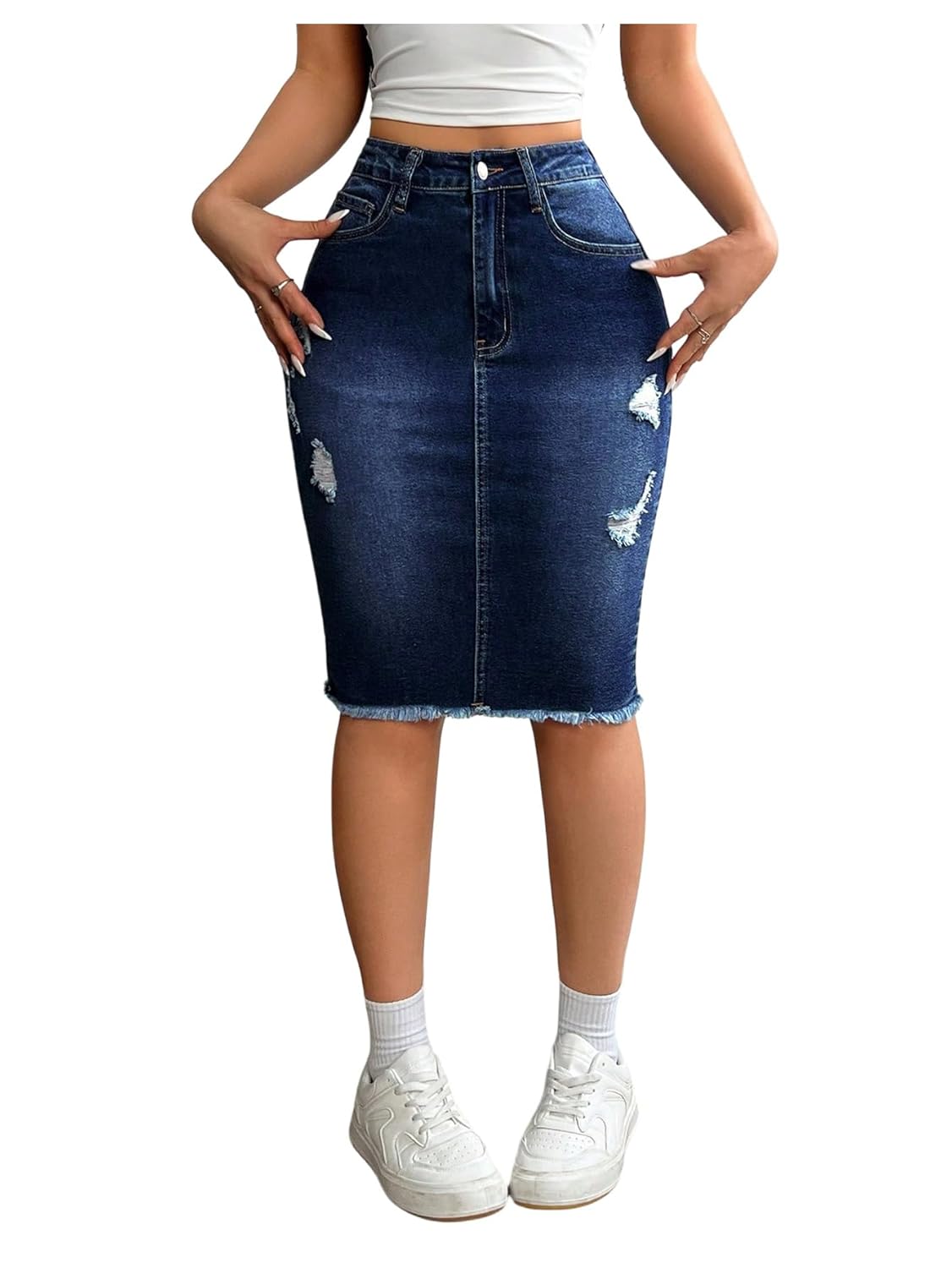 WDIRARA Womens Denim Pencil Skirt High Waisted Ripped Raw Hem Knee Length Stretch Bodycon Skirt
