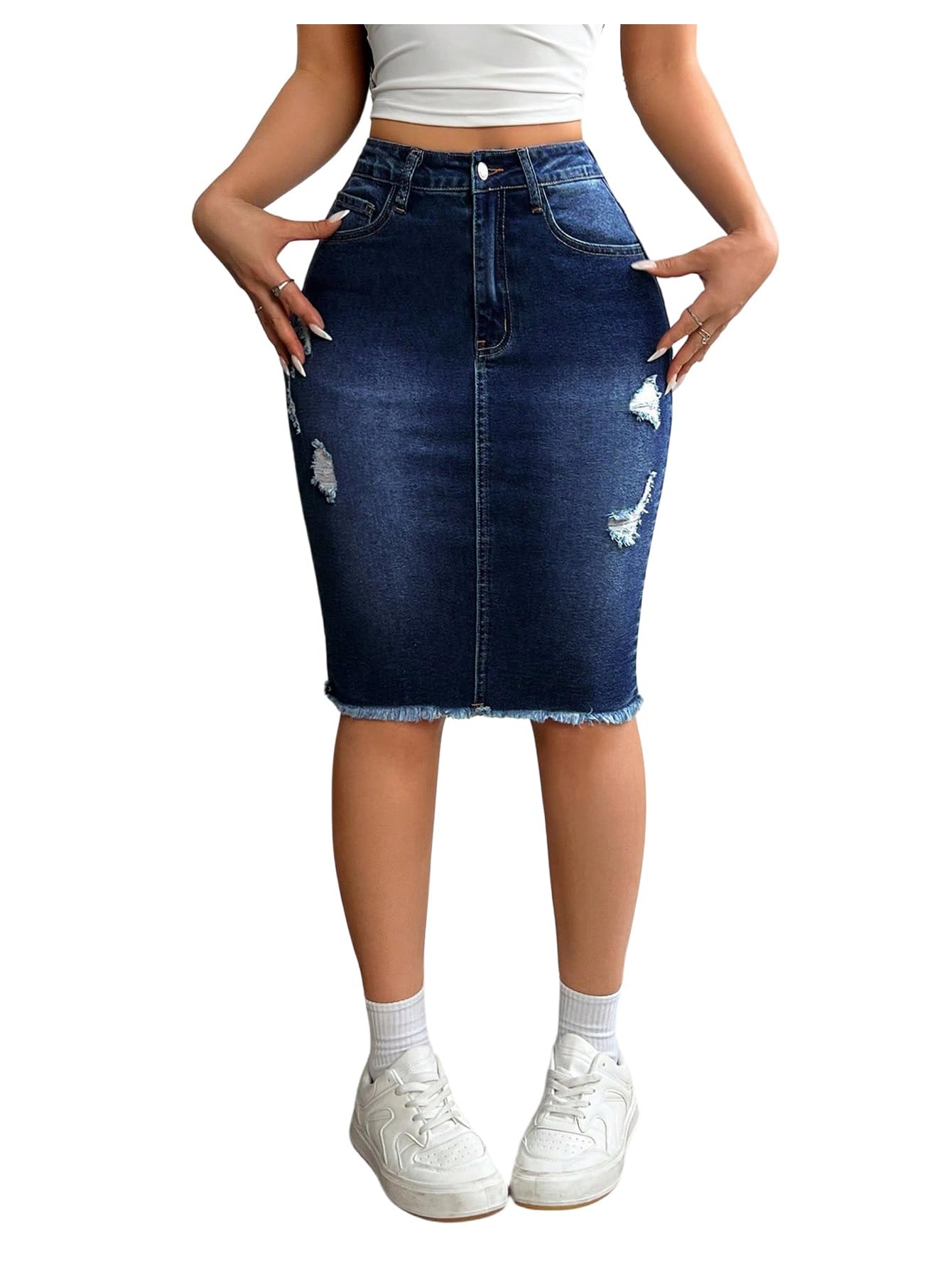 WDIRARA Womens Denim Pencil Skirt High Waisted Ripped Raw Hem Knee Length Stretch Bodycon Skirt