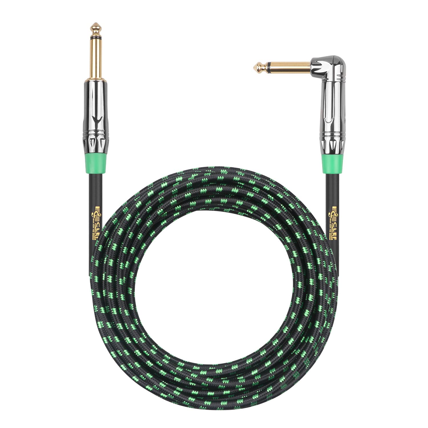 6.35mm TS to 6.35mm TS Straight to Angled, Black Chrome Zinc Alloy Shell/Green Braided - 20FT - 1PK