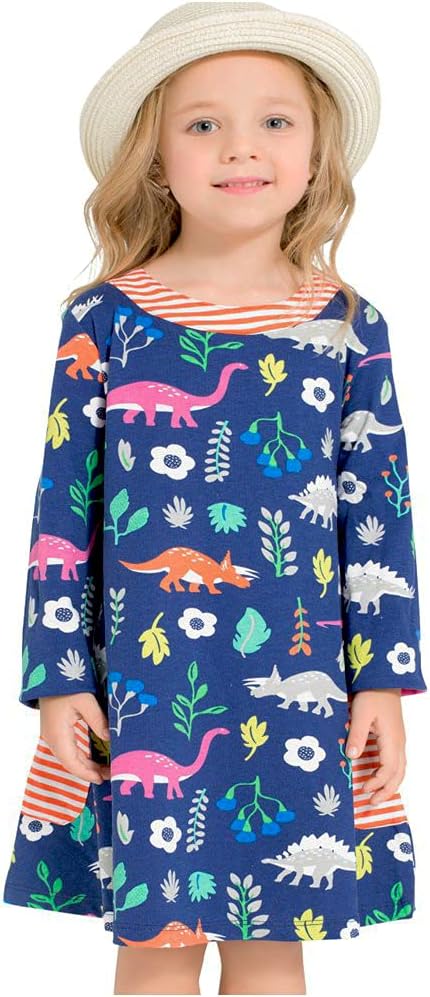 JulerwooToddler Girls Dinosaur Casual Dress Long Sleeve Cotton Sweatshirt Dress for Kids