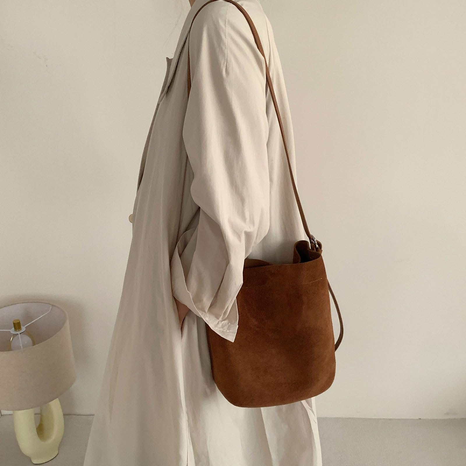 Borsa a tracolla in morbida pelle scamosciata, borsa a secchiello, borsa a tracolla, borsa a tracolla in pelle scamosciata per donna, marrone,Marrone