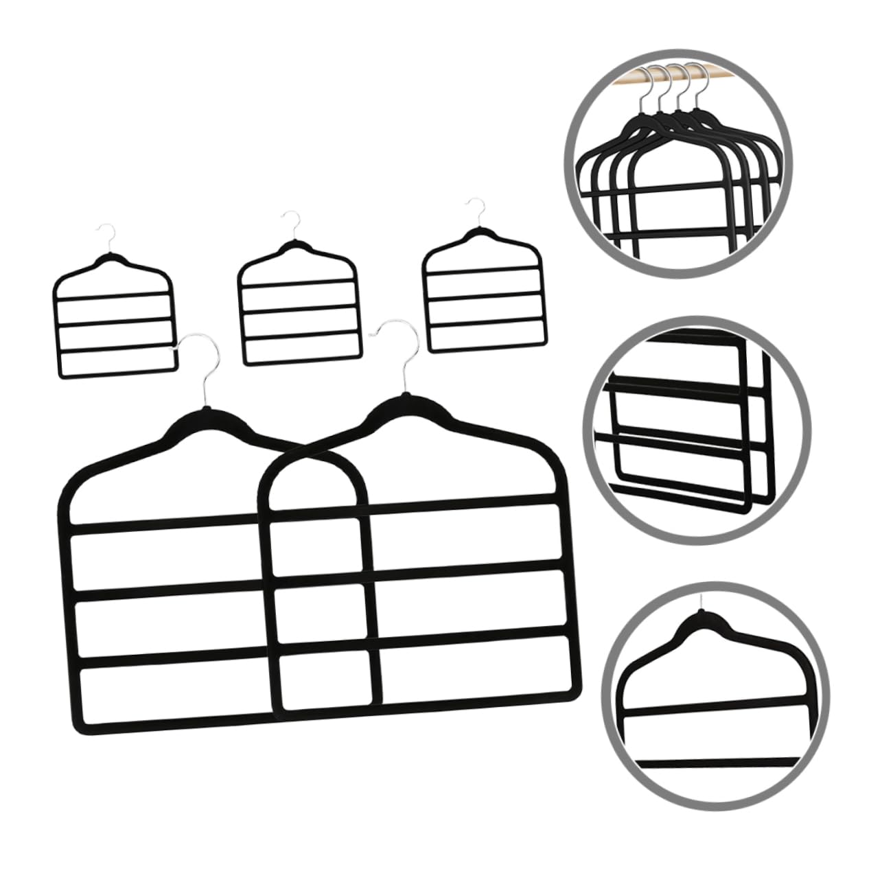 Perchas para Pantalones Multicapa Antideslizantes Negras, 4 Compartimentos, Perchas de Ropa de Terciopelo, Ahorro de Espacio para Armario y Dormitorio, Set de 5 Unidades