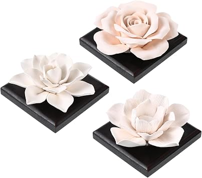 3 Pcs Passive Essential Oil Diffuser Stone Set, Magnolia Lotus Rose Flower Passive Diffusers with Wood Base for Car, Desk, Bedroom, Home Decor Gift, No Essential OilBlack
