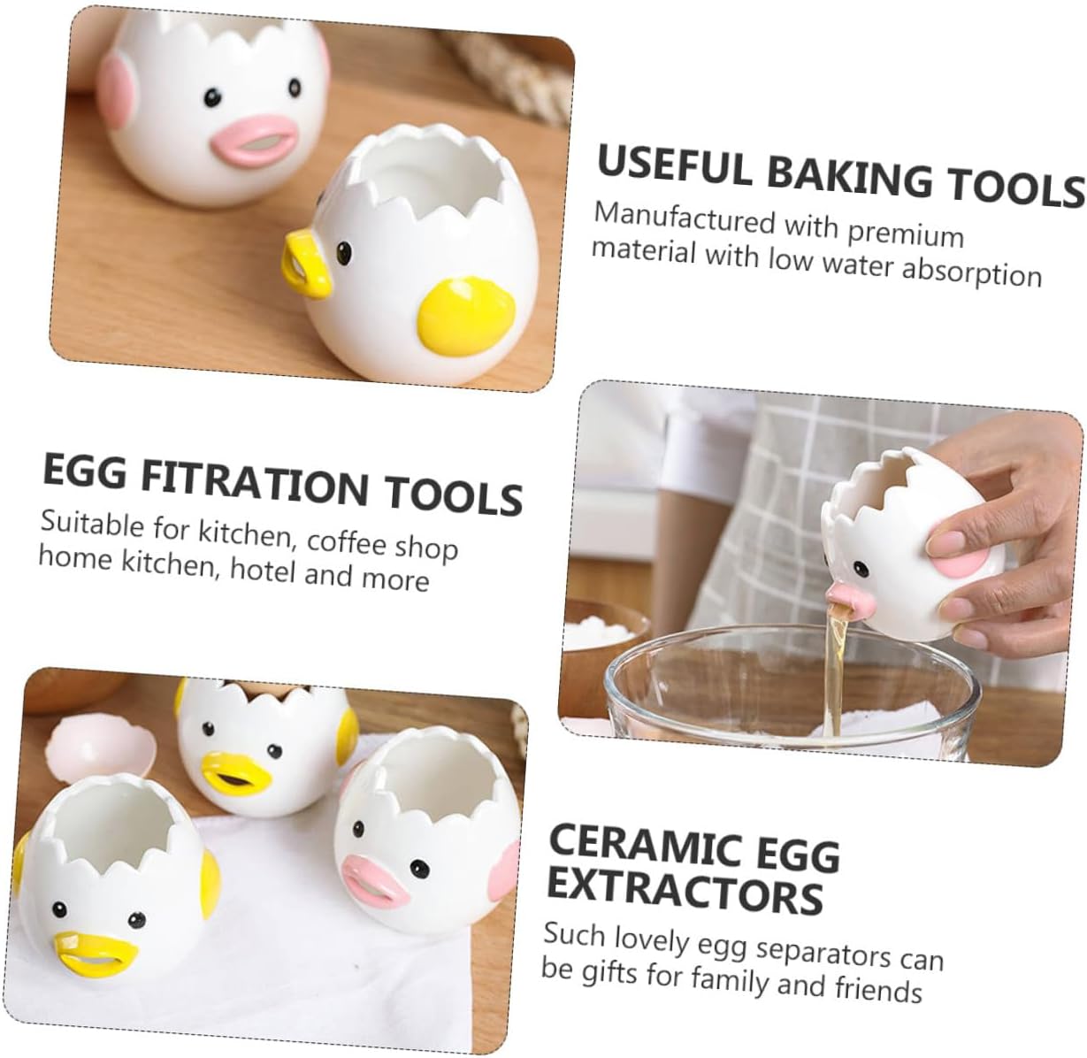 Lurrose 2 Pcs Wear-resistant Ceramic Egg Separator Cute Chicken-shaped Egg White Filter Tools for Baking and Cooking Household Divider with Oval Mouth Design Pink and Yellow