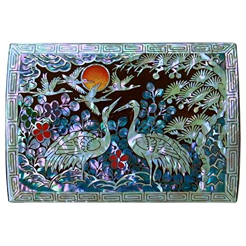 MADDesign Mother of Pearl Jewelry Decorative Trinket Box Handmade Cranes Design Black Purple Cover