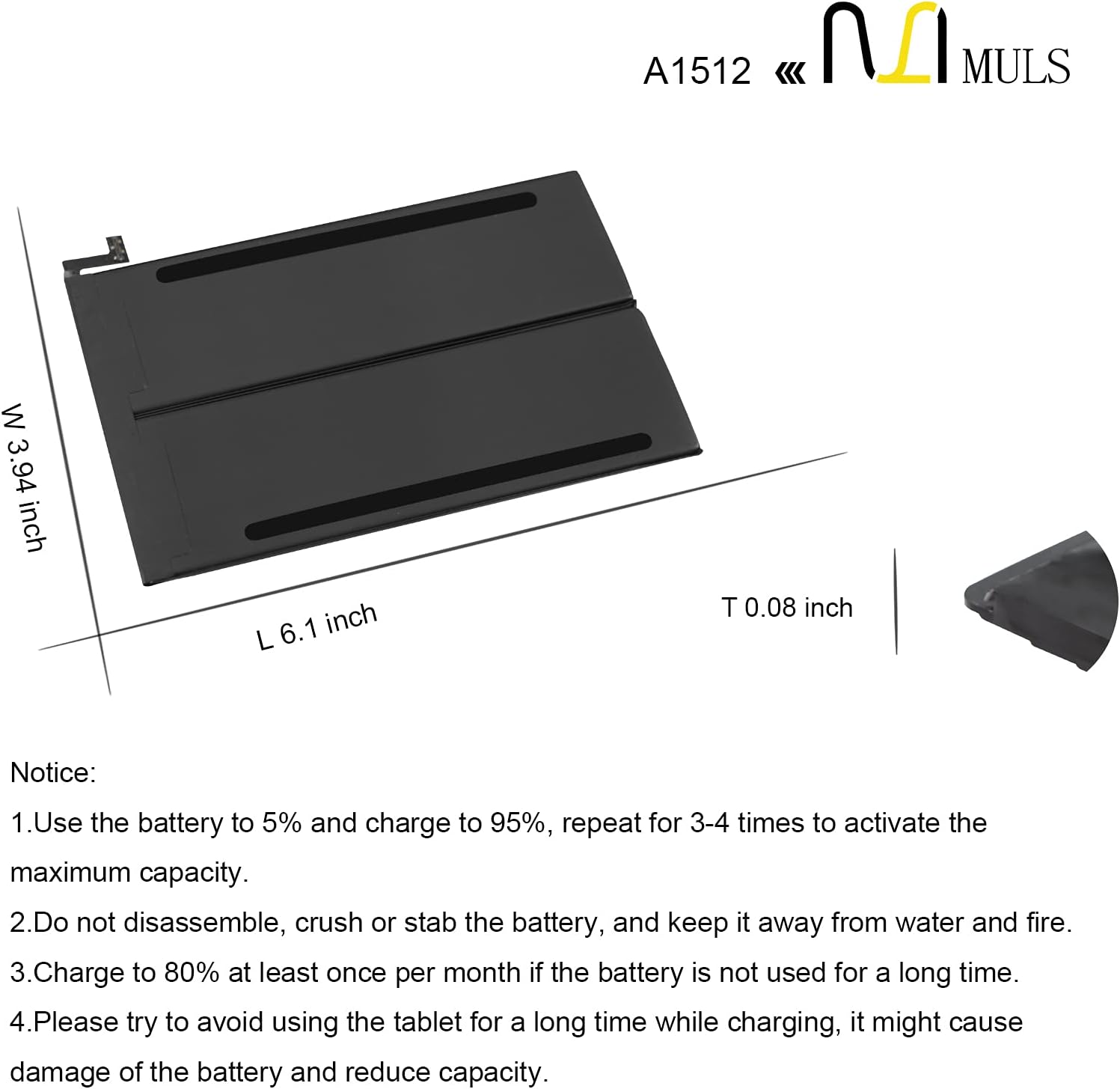 MULS A1512 Tablet Battery for Apple iPad mini 2 & iPad mini 3 A1489 A1490 A1491 A1599 A1600 A1601 ME276LL/A MF066LL/A MF247CH/A MGNV2LL/A MH3F2LL/A MGPW2CH/A MF544LL/A MF569LL/A MF580LL/A