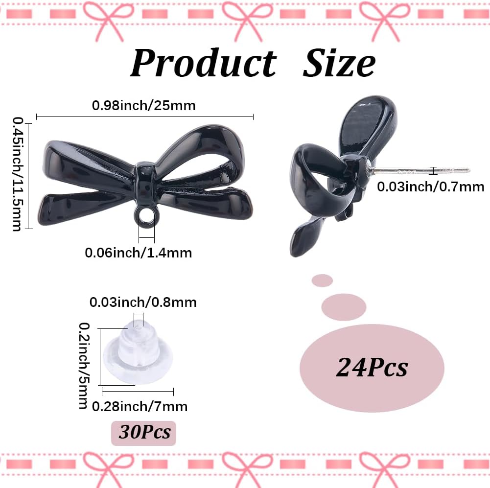 SUNNYCLUE 1 Box 24Pcs Bow Earring Posts Black Bowknot Earrings Metal Painted Alloy Coquette Bows Tie Loop Dangle Studs Findings with Clear Plastic Ear Nuts for Jewelry Making DIY Crafting Accessories - Image 2