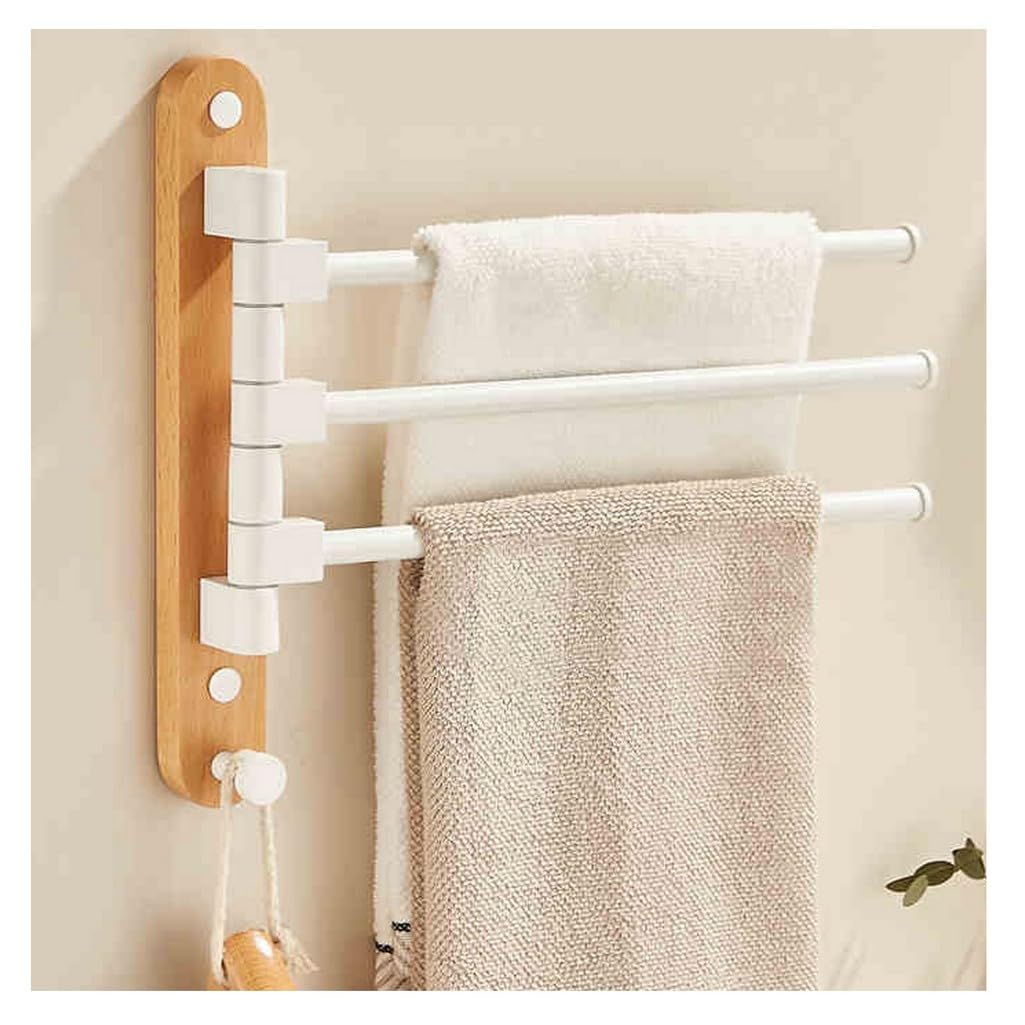 LMYSXAOZ Beech Wood Swivel Towel Rack Bar Rails for Bathroom, Wall Mounted Folding Arm Swing Out Hand Hanger Holder Space Saving Laundry 3Bar