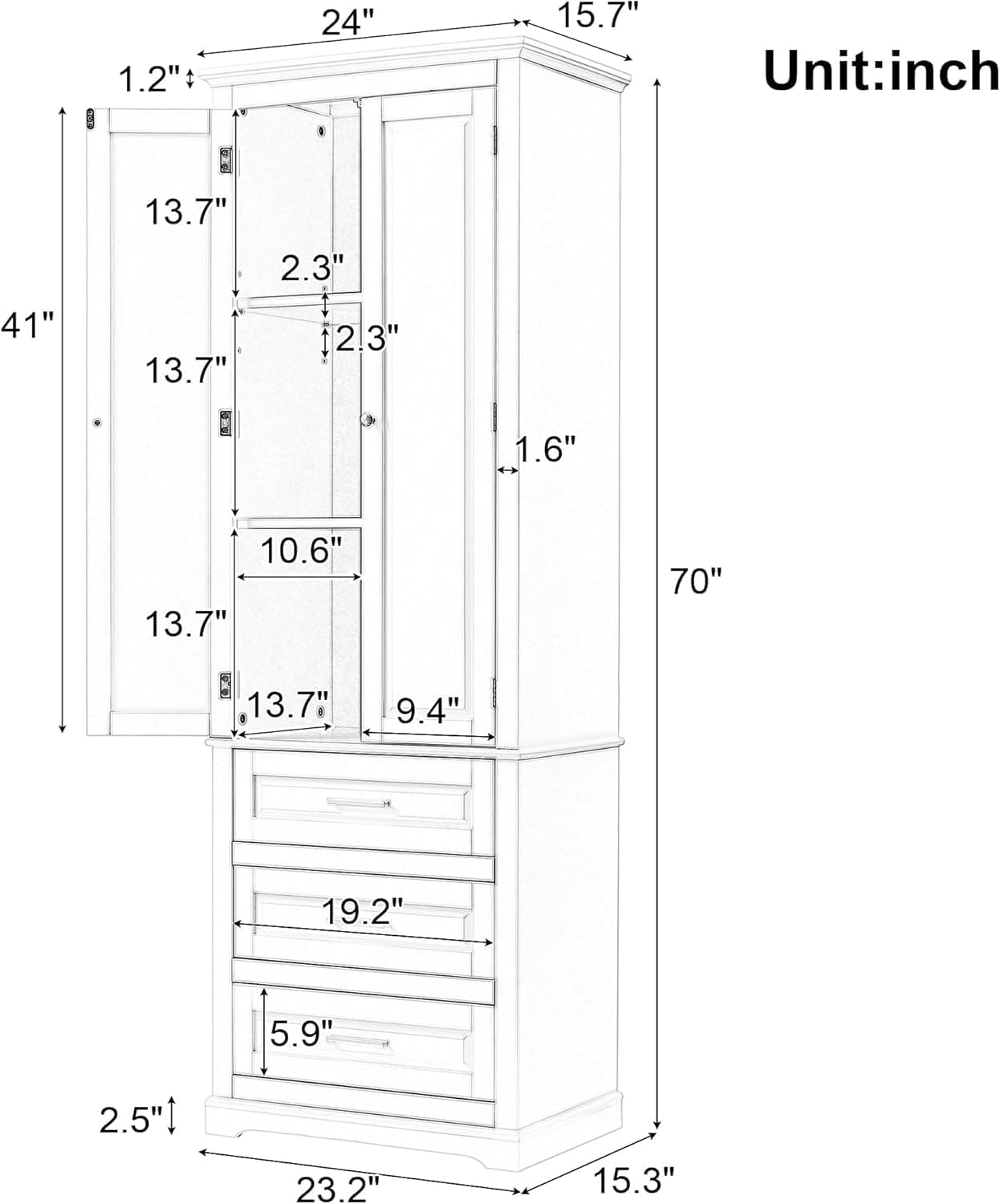 Virubi Tall Storage Cabinet with Doors, Drawers, and Adjustable Shelves, Wood Narrow Storage Cabinet, for Bathroom, Office, Kitchen, Freestanding (Black,with 3 Drawers)