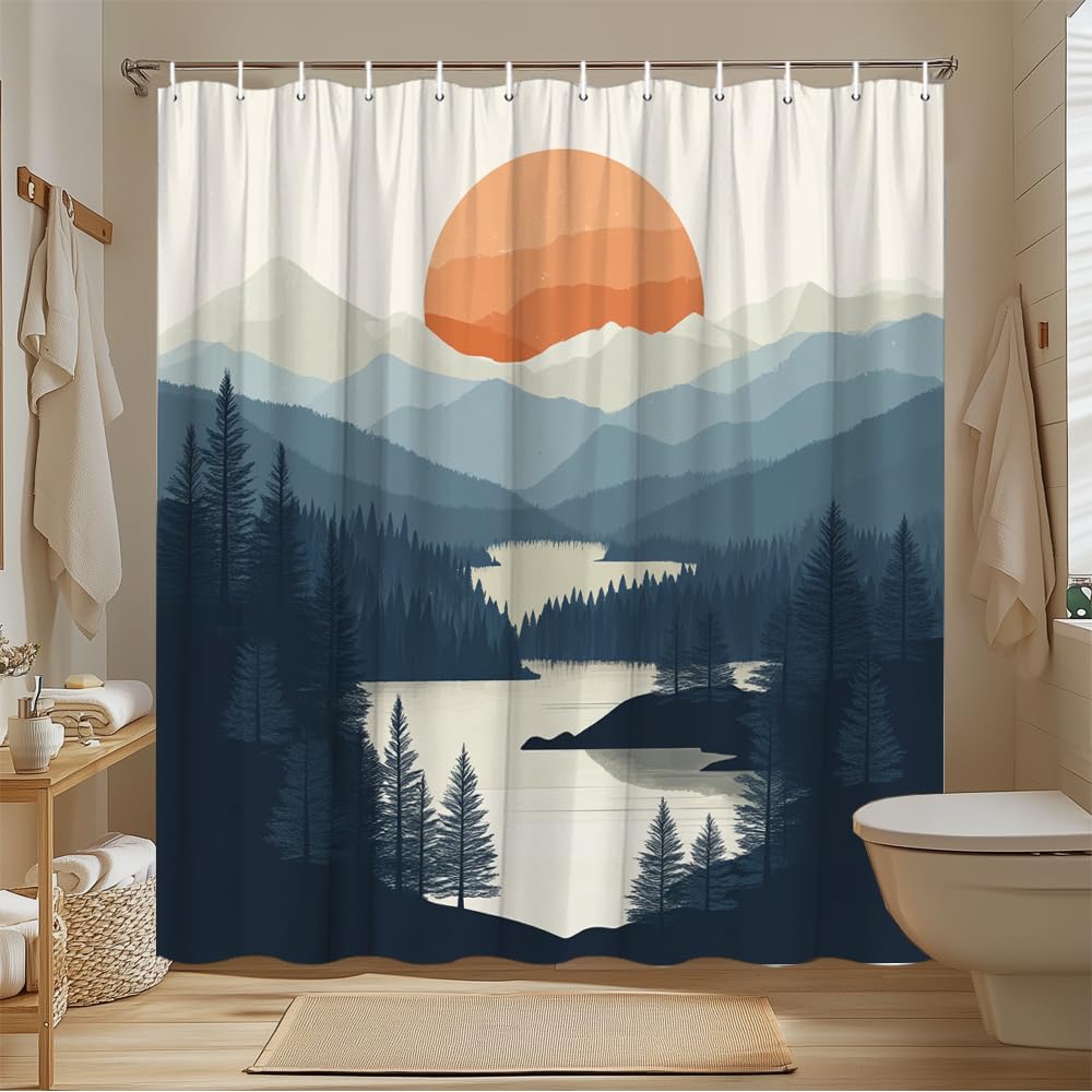 GLWDMB 1 Piece 120x180CM Mountain, Lake, Pine Tree, Sunset Silhouette Printed Shower Curtain With Hook, Polyester, for Windows And Walls, Bathtub, Bathroom, Machine Washable, All Season Universal