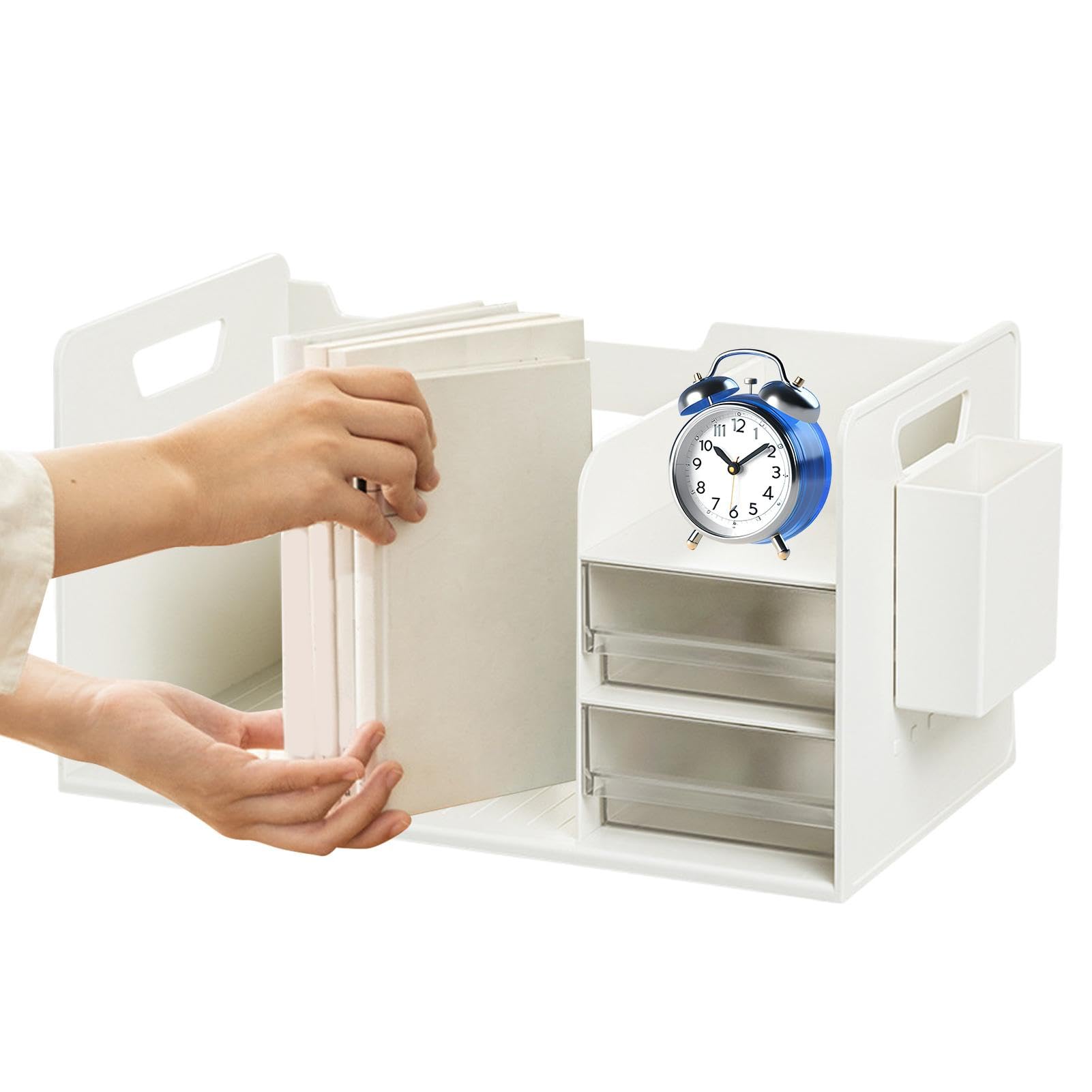 Organizer da scrivania con supporto per libri, libreria da scrivania, organizer multifunzione da scrivania con 2 cassetti, solido supporto per libri di facile accesso, per cancelleria, libri, riviste