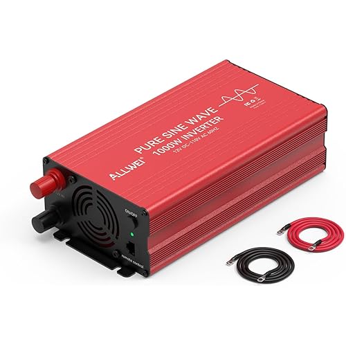 ALLWEI Pure Sine Wave Inverter - 1000 Watt Inverters 12V DC to 110V/120V AC Converter for Home, RV, Truck, Off-Grid Solar, Car Power Inverter with 2 Sockets, Power Inverters for Vehicles, 2000W Peak