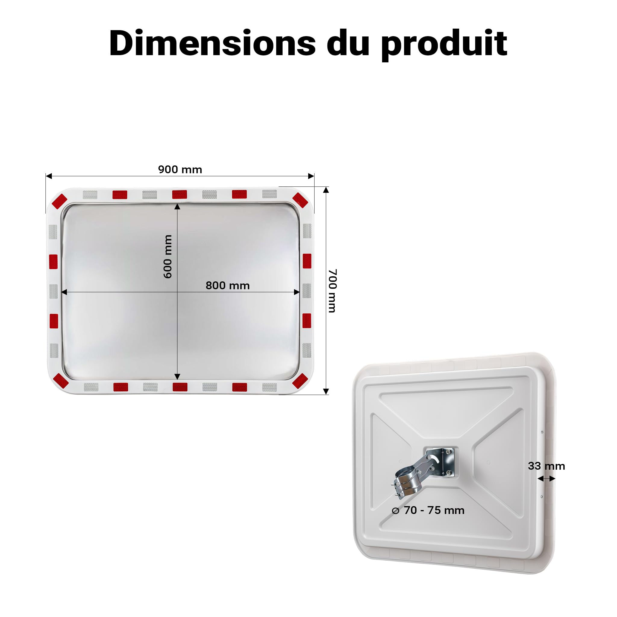 Wiltec Miroir routier 70 x 90 cm convexe, miroir de sécurité carré avec bandes réfléchissantes rouges et blanches, miroir convexe incassable en plastique, miroir de surveillance pour sorties