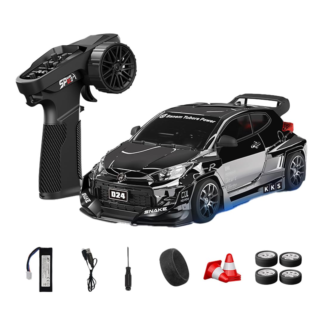 RCXTechPro 1:24 4WD RC Drift Car for Adults, D24 High Speed Remote Control Racing Car with Gyro, LED Lights, Dual Tire Modes, Full Proportional Steering RTR- (Q4 Chrome-Plated / D24-04) — image 1