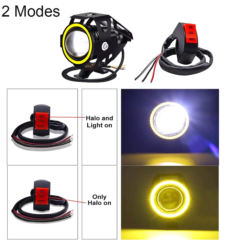 Biqing 2x Fari Moto Faretto Anteriore con Amber Angel Eyes,U7 Motociclo del LED Fendinebbia 12V 24V Fari Ausiliari del LED Luce di Guida Add-On Fendinebbia per Moto Scooter Auto Bici Camion Barca