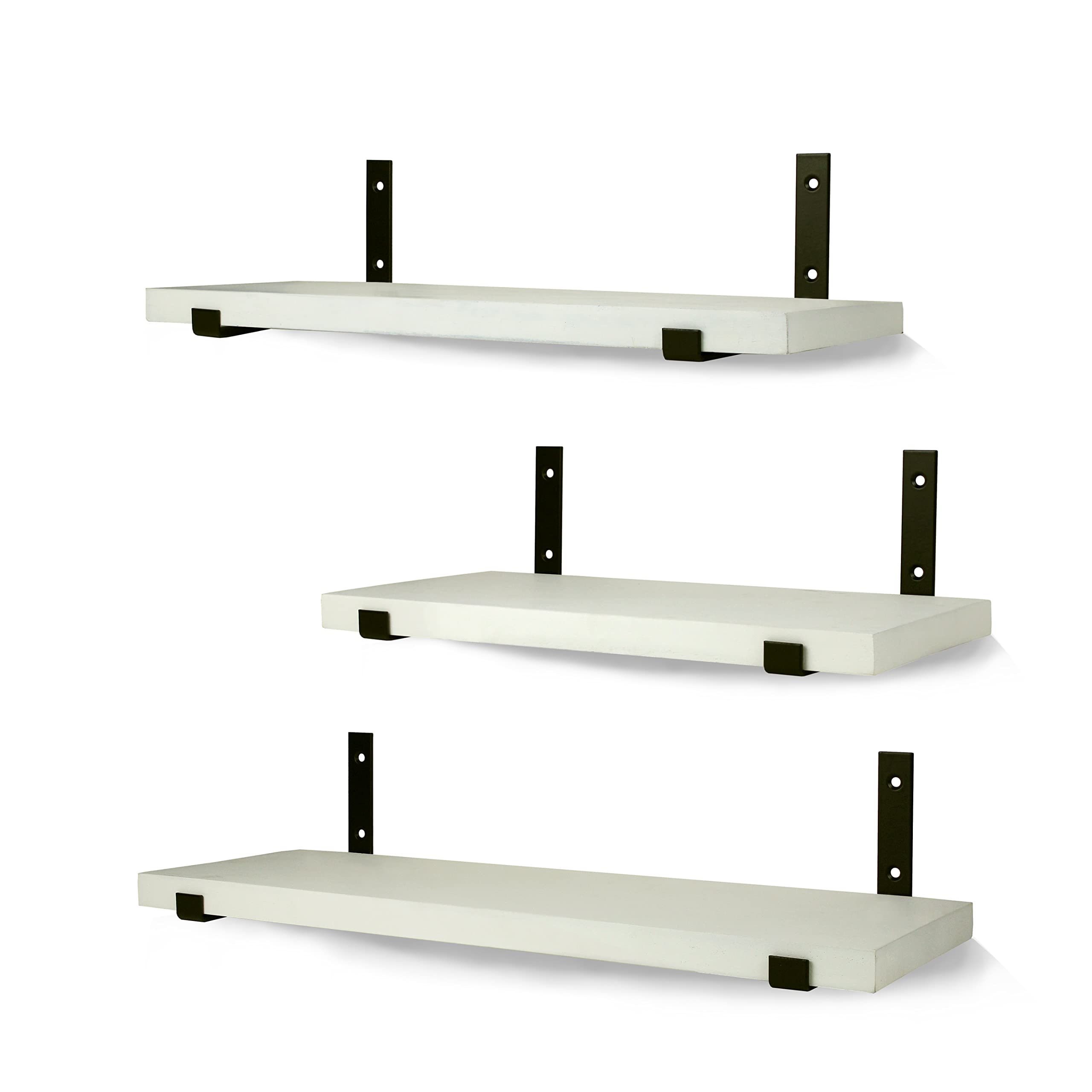 WONOSS Estanterias Flotantes de Madera, Estantes Rústicos, con Soportes de Metal, Estanteria Flotante para Colgar en la Pared de Habitación, Salon, Cocina, Pintado de Blanco, Set de 3