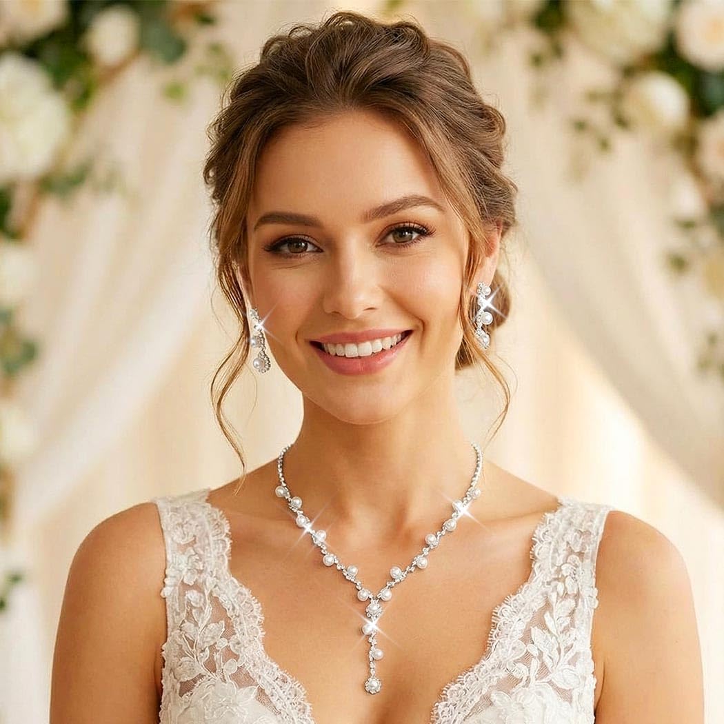Unicra Silver Pearl Bridal Wedding Jewelry Set Rhinestone Necklace Earrings Bracelet Sets Formal Costume Jewelry for Women and Brides - Image 9