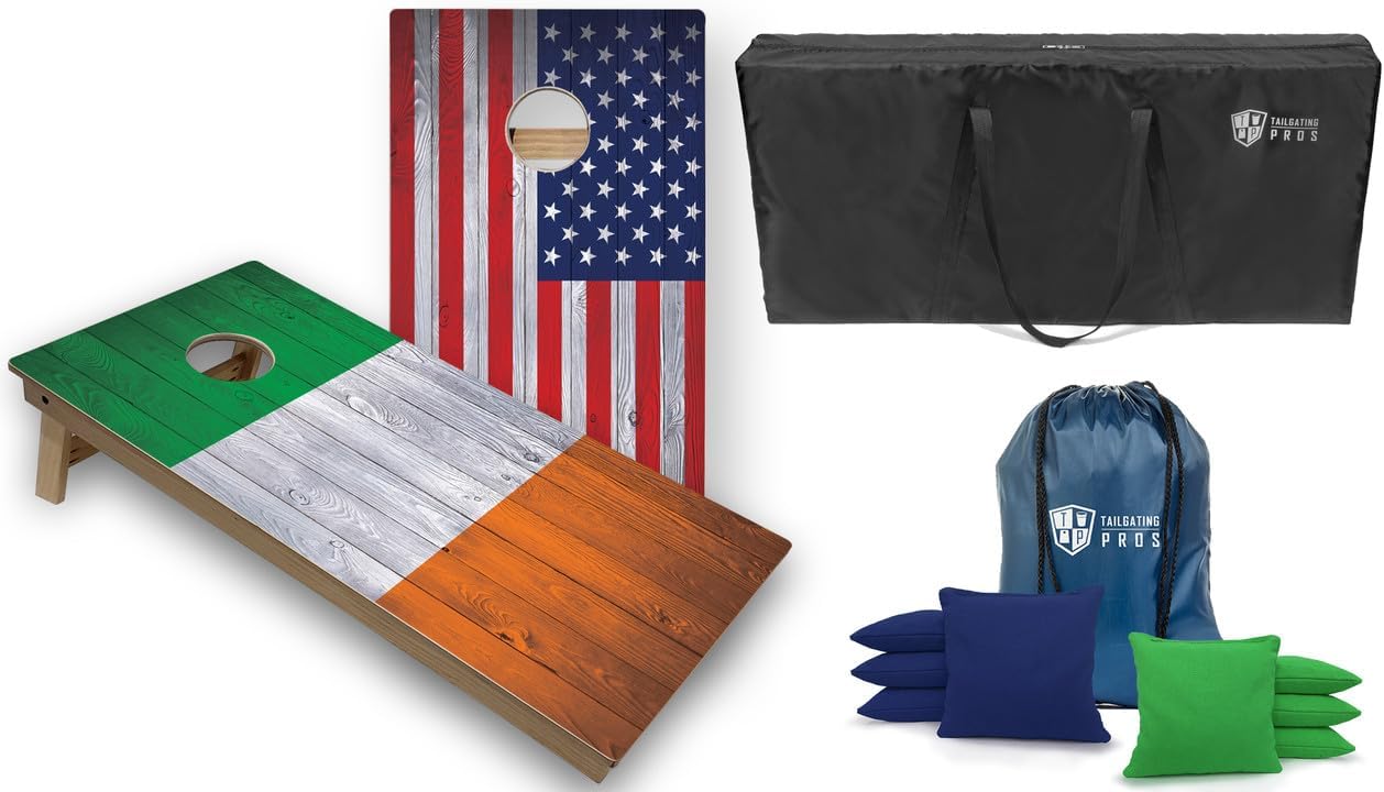 Tournament Grade Tailgating Pros Regulation Cornhole Boards Flag Set - Includes 8 Bean Bags, Carrying Cases, and 4'x2' Corn Hole Toss Game