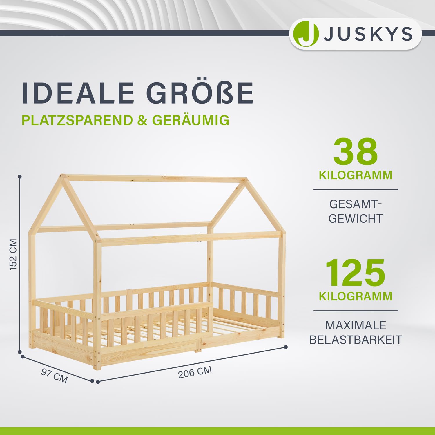 Juskys® Kinderbett Marli 90 x 200 cm mit Rausfallschutz, Lattenrost und Dach - Massivholz Hausbett für Kinder - Bett in Natur