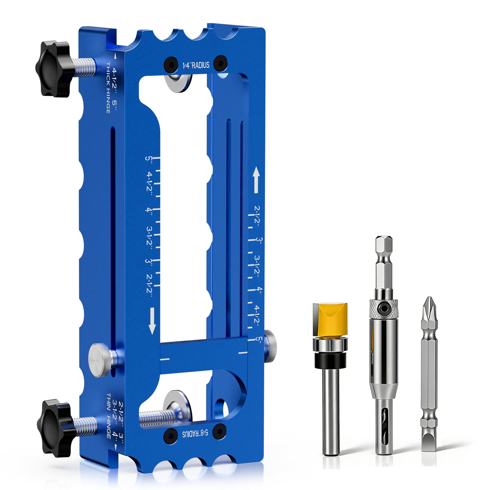 Door Jig Tool for Router, Adjustable Aluminum Alloy Mortise Jig Fits Door Hinges 2.5" -5", Door Hinge Template Installation Kit, 1/4" & 5/8" Radius and Square Corners