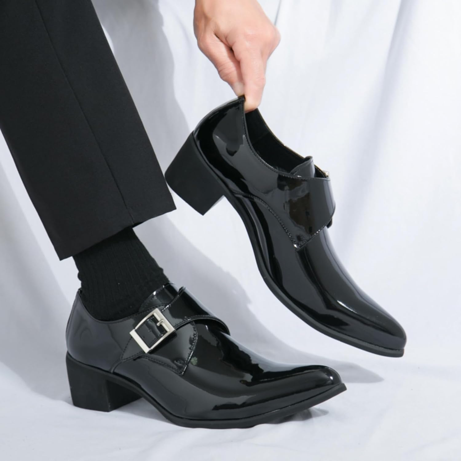 Men's Patent Leather Chunky Heels Dress Loafers with Monk Strap Modern Pointed Toe Tuxedo Oxford Shoes for Formal Business Office Church - Image 4