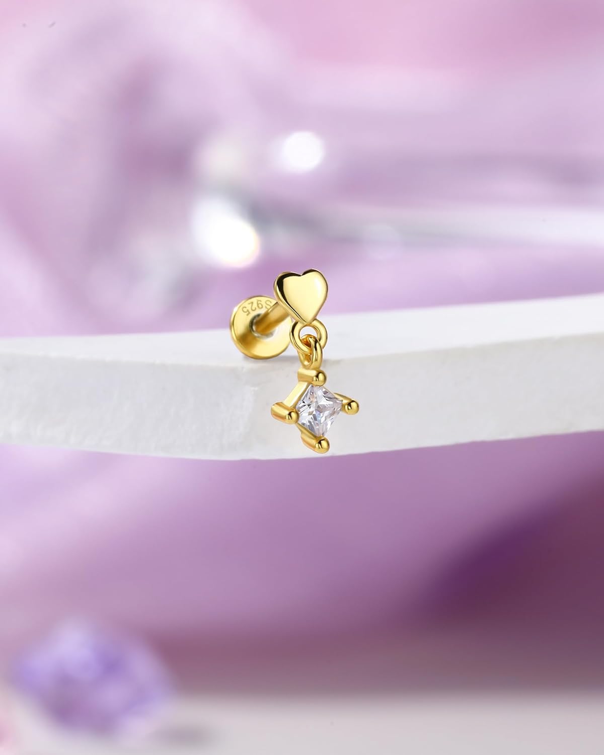 Jewseen 925 Sterling Silver 16G Cartilage Earring Internally Threaded Flat Back Earrings Heart Tiny Nose Studs Dangle CZ Helix Conch Tragus Piercing Jewelry Gold Lip Ring Labret Studs for Women - Image 6