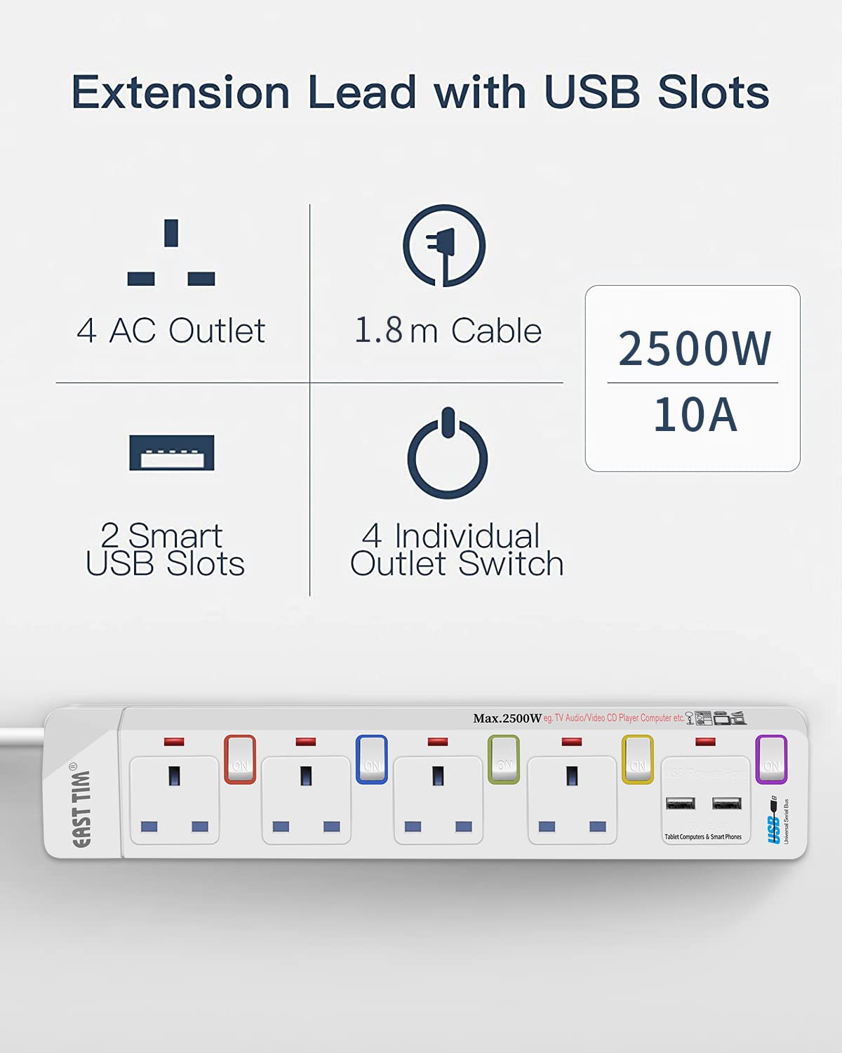 Mscien Extension Lead with USB 2M(including sockets),4Way Sockets