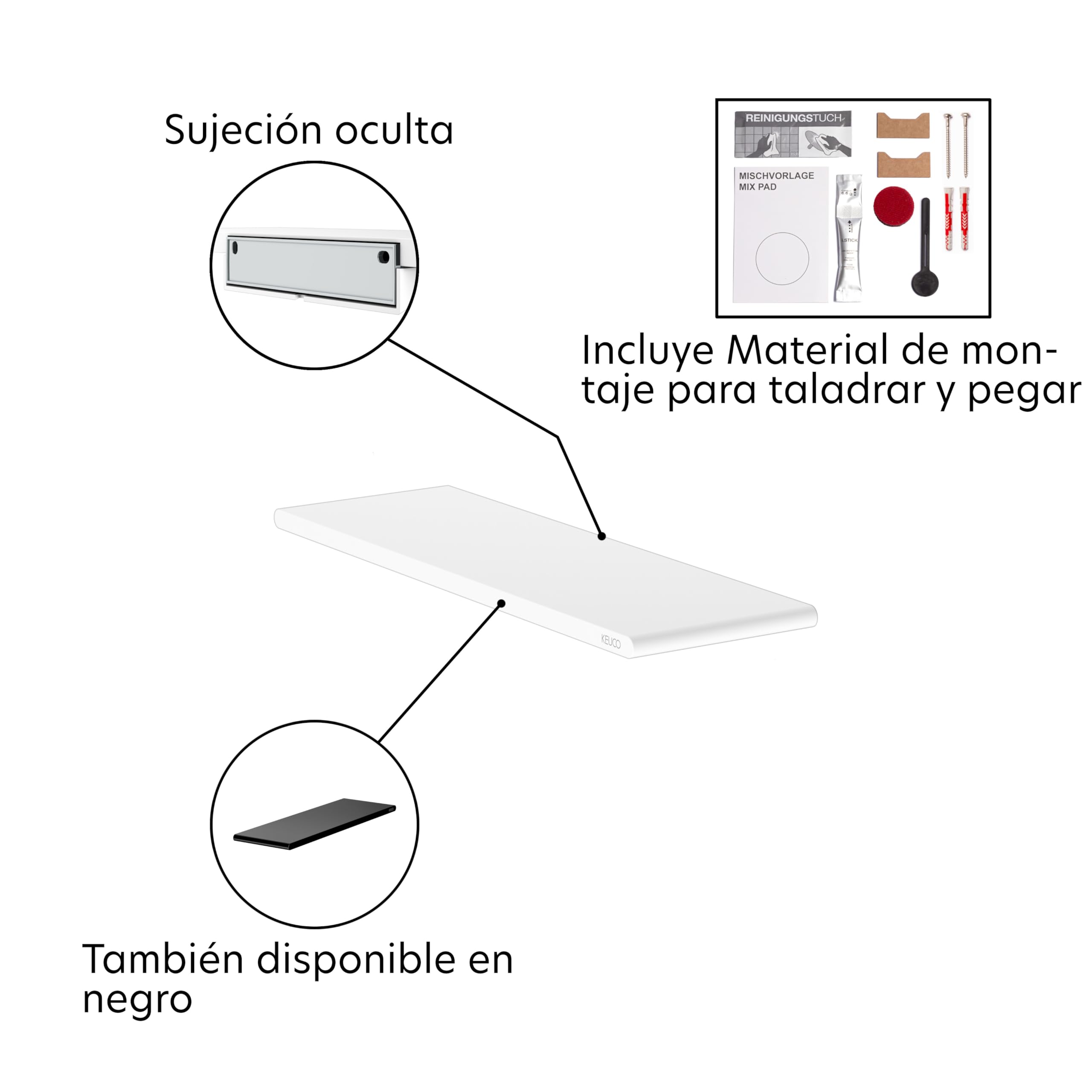Keuco Rose Repisa de ducha 32,8 cm, sin taladrar, aluminio blanco mate | Made in Germany, incl. juego de pegado y juego de tornillos, estante de ducha para pegar o atornillar