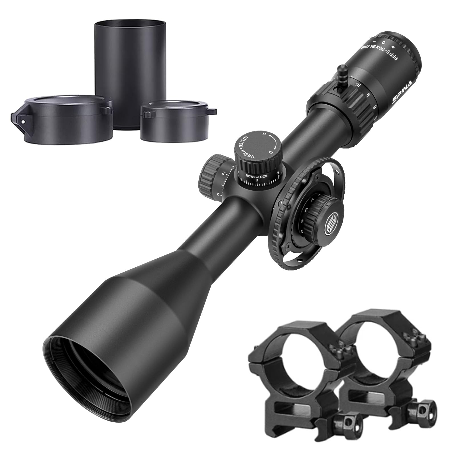 SPINA OPTICS FalconPoint 5-30x56 FFP Rifle Scope Tactical Hunting Shooting First Focal Plane Riflescopes with Sunshade,Red Illuminated MIL Reticle,Parallax Adjustment Wheel(with20mm mounts)