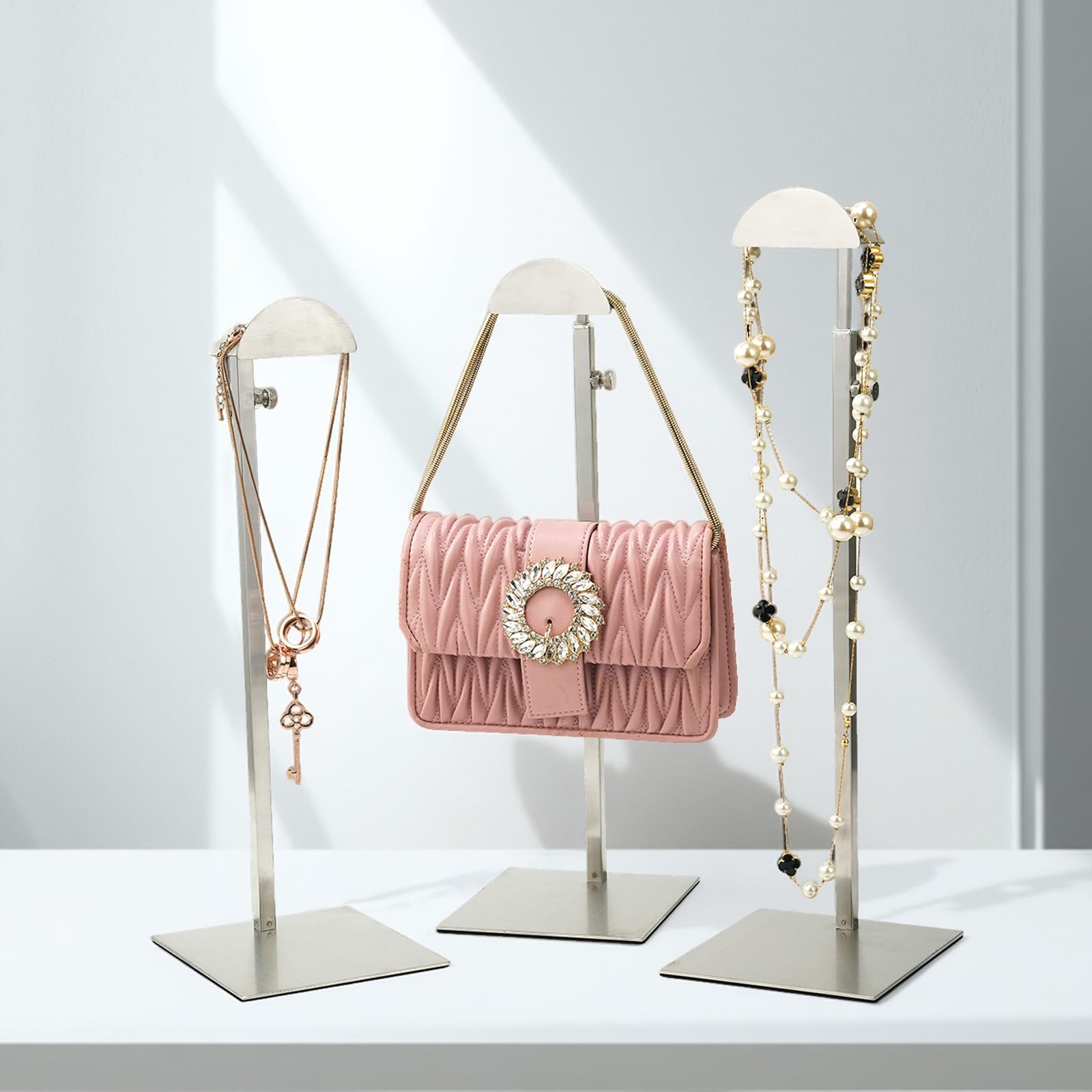 Juego de 3 soportes de exhibición de bolsos de acero inoxidable para organizador de bolsos, altura ajustable, tienda de casa, tienda de boutique, mostradores