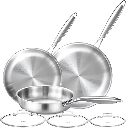 DELARLO Juego de utensilios de cocina de acero inoxidable de tres capas con tapa de 8 pulgadas, 10 pulgadas, 12 pulgadas, sartenes grandes de